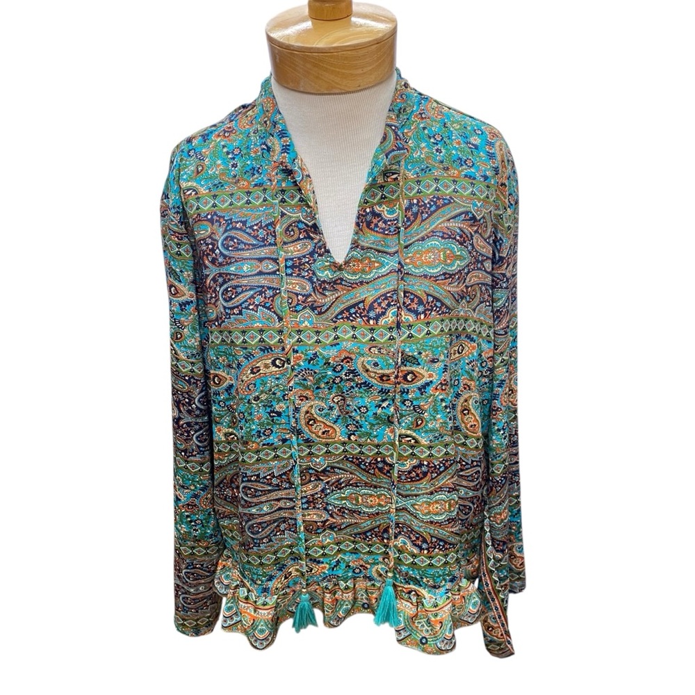 Cienna Designs Women XL Silk Blend Blouse Paisley Print Tassel TIe Ruffle Bottom